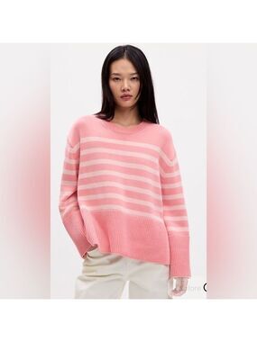 Gap Split-Hem Crewneck Striped Barbiecore Pink Oversized Pullover Sweater XS NWT